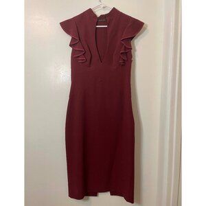 Black Halo Women's Eva Ruffle Split Plunge V Neck Midi Sheath Dress size 8